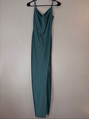 Haley & June Satin Teal Cowl Neck Maxi Dress with Side Slit